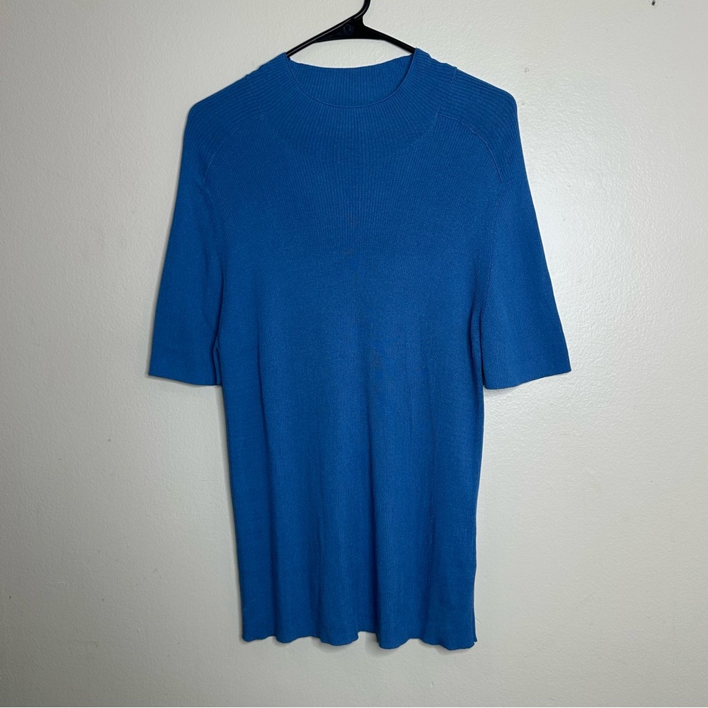Lafayette 148 New York Ribbed Mock Neck Blue Knit Silk Top Short Sleeve size 1X